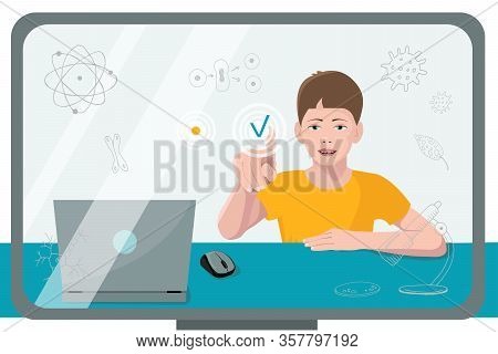 A Child Student Looks At An Interactive Screen And Learns A School Bilogy Lesson. The Concept Of Ind