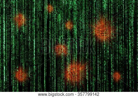 Red Virus Cells On Matrix Background. Concept Of Computer Virus. 3d Illustration Black Background.