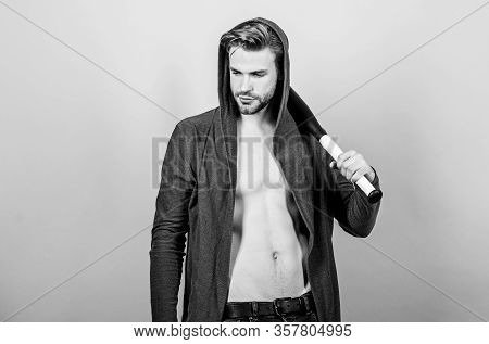 Work Hard Play Hard. Sport Activity. Full Of Energy. Sport. Man With Baseball Bat. Sexy Muscular Man