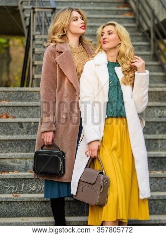 Nice Shot. Faux Fur Coat Fashion. Stylish Business Ladies Leather Bag. Glamour Models Look Luxurious