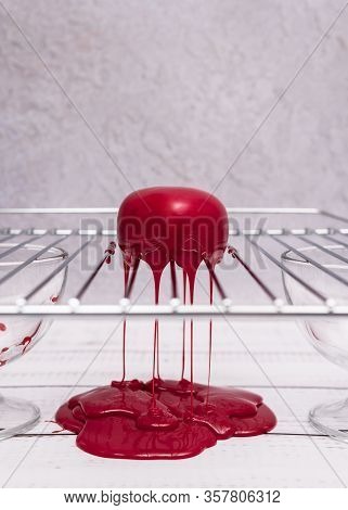 Step By Step Process Of Making Mousse Cake With Mirror Glaze. Cooking French Dessert. Frozen Mirror