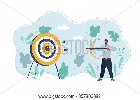 Vector Illustration Of Man Shout In Target With Her Bow.