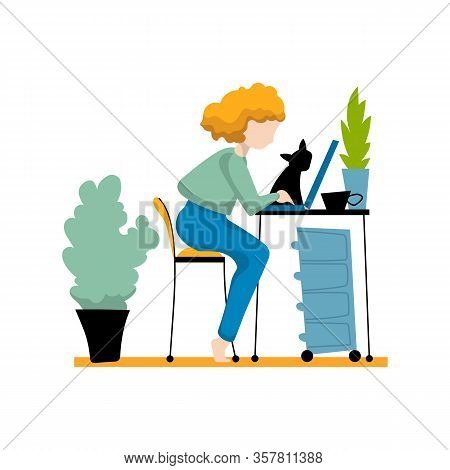 Red Hair Girl Working From Home, With Notebook, Cat And Flowerpot. Work From Home Concept Vector Ill