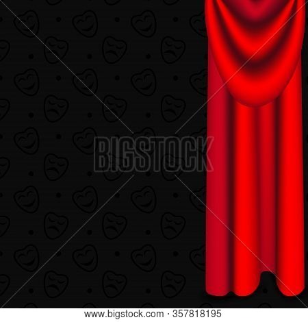 Red Realistic Curtain For Stage With Theather Mask. 3d Background For Template Poster, Cinema, Sale,
