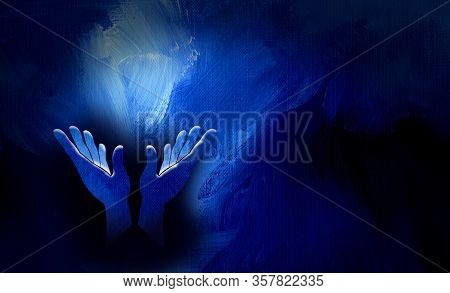 Graphic Conceptual Illustration Of Worship Hands. Art Suitable To Represent Religious Themes Of Pray