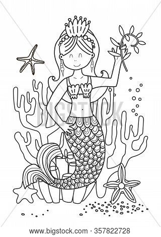 Coloring Book For Children And Adults With A Mermaid. Vetkron Line Illustration In Black Color. Colo