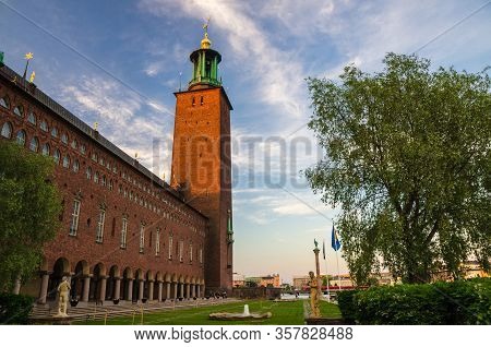 Sweden, Stockholm, May 29, 2018: City Hall Stadshuset Tower Building Of Municipal Council And Nobel 