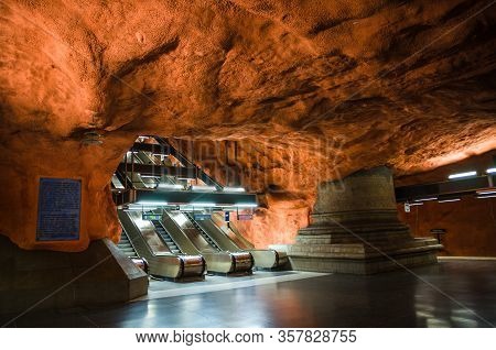 Sweden, Stockholm, May 30, 2018: Underground Metro Tunnelbana Station Radhuset (blue Line, Central S