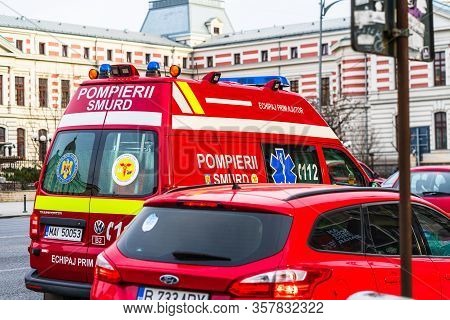 Romanian Smurd Ambulance Car, 911 Or 112 Emergency Medical Service In Mission In Downtown Bucharest,