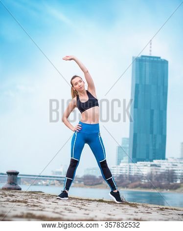 Fitness Young Woman Stretching, Full Body Portrait Of Atletic Girl