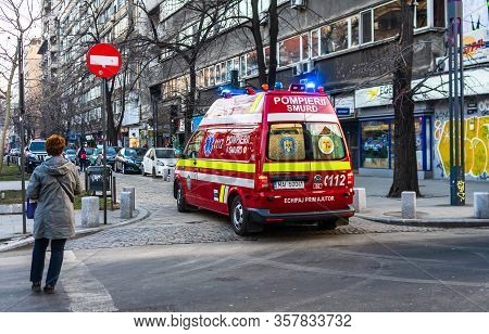 Romanian Smurd Ambulance Car, 911 Or 112 Emergency Medical Service In Mission In Downtown Bucharest,
