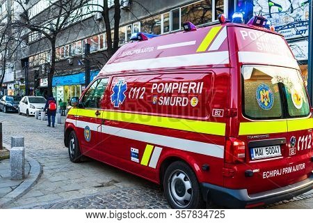 Romanian Smurd Ambulance Car, 911 Or 112 Emergency Medical Service In Mission In Downtown Bucharest,