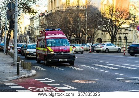 Romanian Smurd Ambulance Car, 911 Or 112 Emergency Medical Service In Mission In Downtown Bucharest,