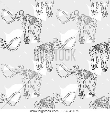 Seamless Pattern With Of Mammoth Skeleton For Girls, Boys, Clothes. Creative Background With Mystic 