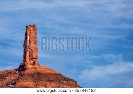 Castleton Tower, iconic rock formation in Castle Valley near Moab, Utah. The Tower is world-renowned as a subject for photography and for its classic rock climbing routes.