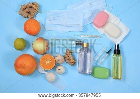 Vials For Hand Disinfection, Medical Masks And Folk Immunostimulants And Vitamins. Coronavirus Prote