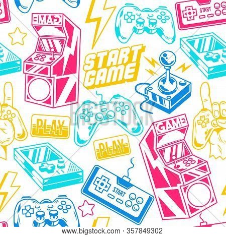 Vintage Style Seamless Pattern With Retro Arcade Machines, Old Game Controller, Modern And Old Joyst