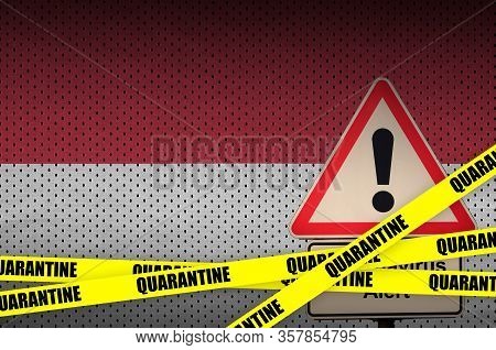 Indonesia Flag And Covid-19 Quarantine Yellow Tape. Coronavirus Or 2019-ncov Virus