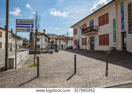 Manzano, Italy - 25.03.2020: Little Italian City During An Epidemic. Deserted Streets. No People. No