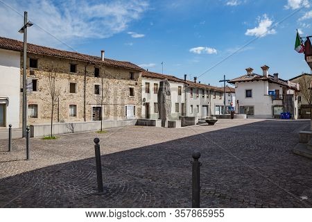 Manzano, Italy - 25.03.2020: Little Italian City During An Epidemic. Deserted Streets. No People. No