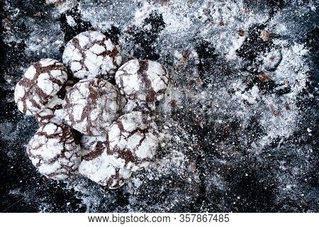Freshly Backed Sweet Chocolate Cookies At Baking Sheet. Cookies Sprinkled With Powdered Sugar. Tasty