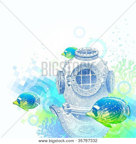 Hand gezogene Jahrgang Tauchen Helm und tropischen Fische-Vektor-illustration