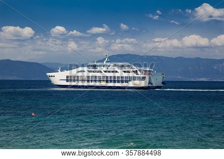 Ferryboat start from Lutra Edipsou (Aidipsos), Evia island, Greece.