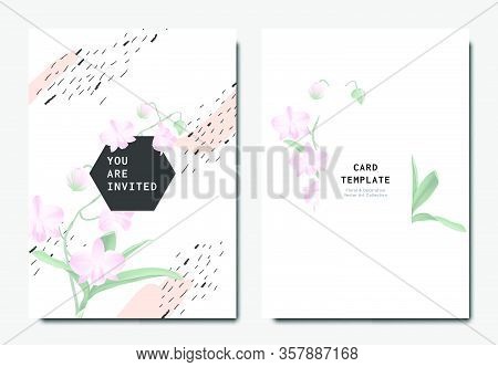 Botanical Invitation Card Template Design, Pink Dendrobium Orchid Flowers With Hand Drawn Doodle Gra