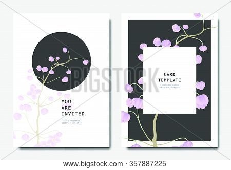 Botanical Invitation Card Template Design, Purple Thalictrum Delavayi Flowers On Black And White Bac
