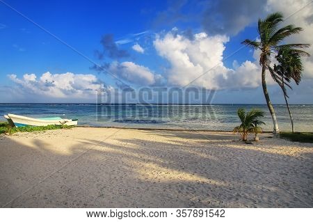 Sandy Beach In Mahahual Village, Costa Maya, Mexico. Mahahual Is Now A Rapidly Developing Tourist Ce