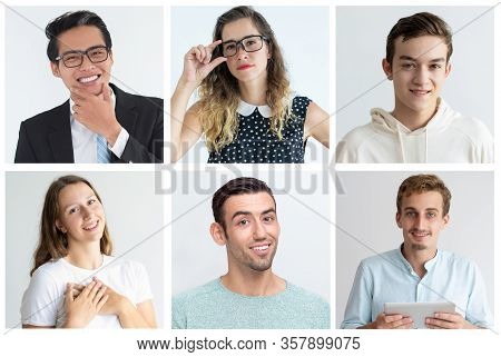 Caucasian And Asian Men And Women Portrait Set. Young People With Different Facial Expressions And G