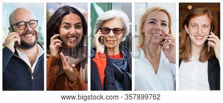 Joyful Men And Women Speaking On Smartphone Portrait Set. People Of Different Ages With Mobile Phone