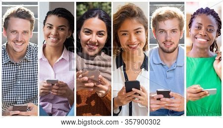 Happy Mix Raced Men And Women Using Smartphone Portrait Set. Young People Of Different Races With Mo