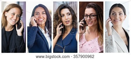 Happy Joyful Ladies Speaking On Cells Portrait Set. Beautiful Young Women With Mobile Phones Multipl