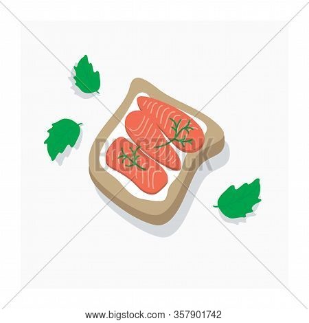 Salmon Sandwich Illustration. Healthy Breakfast With Proteins And Greens. Sandwich Of Bread, Butter 