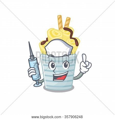 Friendly Nurse Of Ice Cream Banana Rolls Mascot Design Holding Syringe