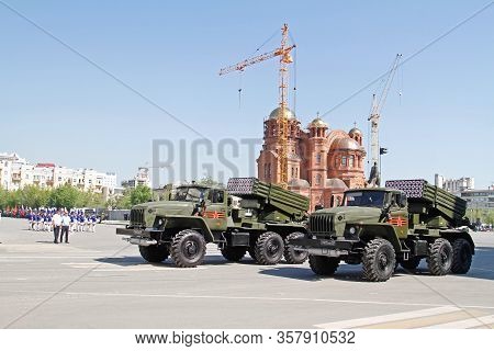 Volgograd, Russia - May 07, 2019: Soviet Multiple Rocket Launchers Bm-21 On Dress Rehearsal Of The M