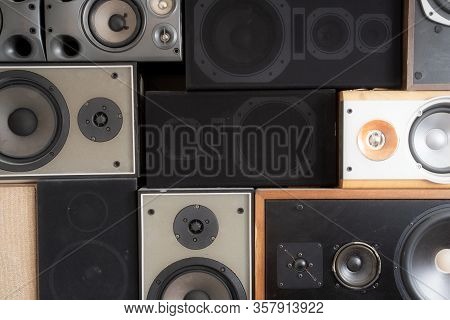 Music Sound Speakers Hanging On The Wall In Retro Vintage Style, Stacked Sound Boxes Modern