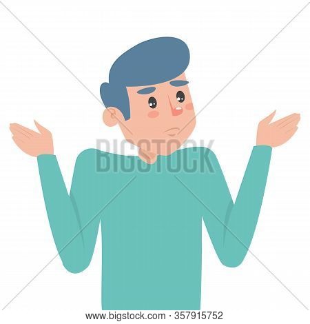 Handsome brunette man shrugging vector isolated. Young adult is uncertain. Worried and confused guy.