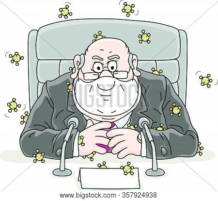 Government Official In A Protective Medical Mask Surrounded By Flying Virus And Making An Official S
