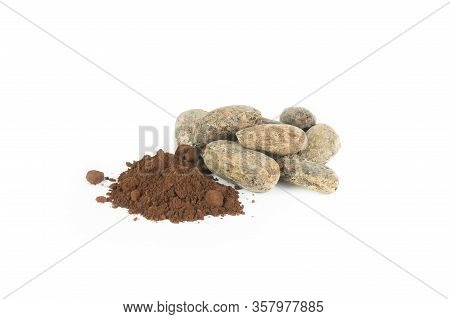 Cocoa Beans With Cacao Powder Isolated On White Background, Healthy Natural Food