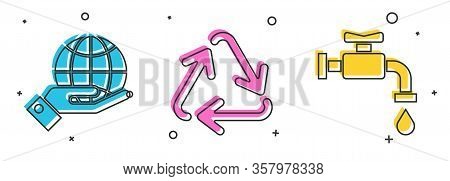 Set Human Hands Holding Earth Globe, Recycle Symbol And Water Tap Icon. Vector