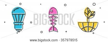 Set Led Light Bulb, Fish Skeleton And Earth Globe And Leaf Icon. Vector