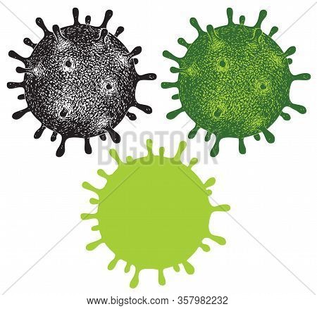 Set Of Vector Hand-drawn Virus Cells Of Coronavirus. Covid-19 Virion. Coronavirus Outbreak. Preventi
