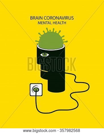 Vector Flat Illustration With A Human Head Plugged Into An Outlet And A Covid-19 Virion Instead Of A
