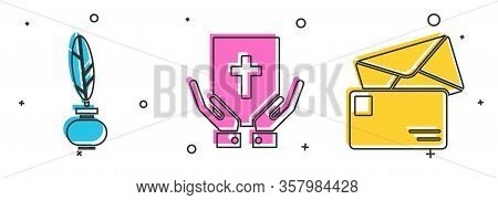 Set Feather And Inkwell, Oath On The Holy Bible And Envelope Icon. Vector