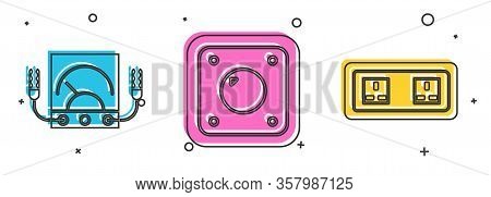 Set Ampere Meter, Multimeter, Voltmeter, Electric Light Switch And Electrical Outlet Icon. Vector