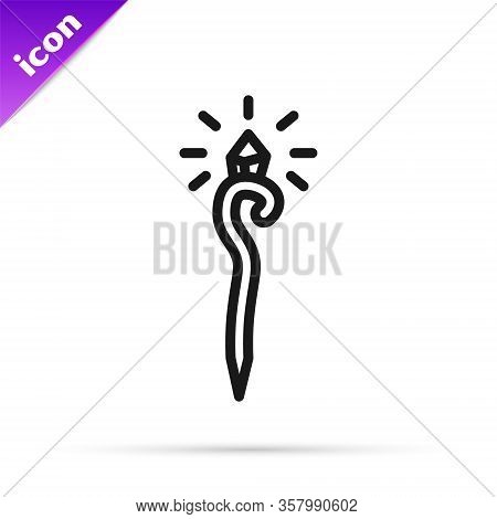 Black Line Magic Staff Icon Isolated On White Background. Magic Wand, Scepter, Stick, Rod. Vector Il