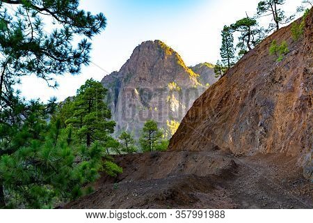Scenic View On Caldera De Taburiente With Green Pine Forest, Ravines And Rocky Mountains Near Viewpo