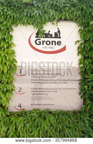 Hamburg, Germany - June 9, 2019 Company Nameplate Of Grone In Hamburg Hammerbrook Portrait View